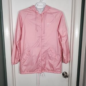 Obey Worldwide Women's L Pink Jacket Rain Coat Snap Hood Defiant Rose Unisex